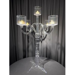 Şeffaf 5 Kollu Gül Şamdan - 67 CM